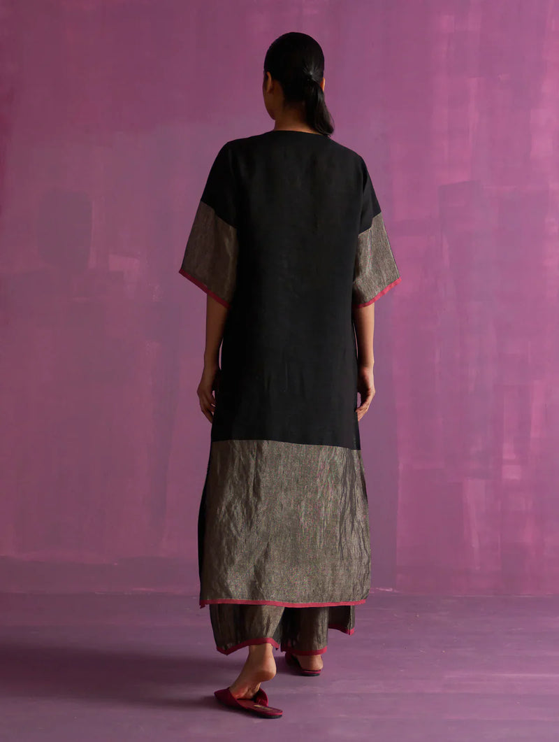 Mato Hand-Embroidered Kurta Set - Black linen by Manan in black color for women Worldwide