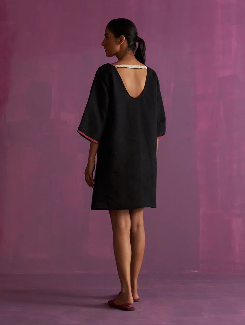 Ahana Metallic Linen Dress - Black linen by Manan in black color for women Worldwide