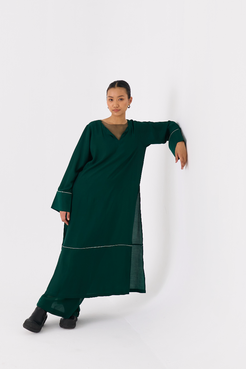 V-NECK KAFTAN CO-ORD 
(SET OF 2)-DARK GREEN bemberg by THREE in green color for women Worldwide