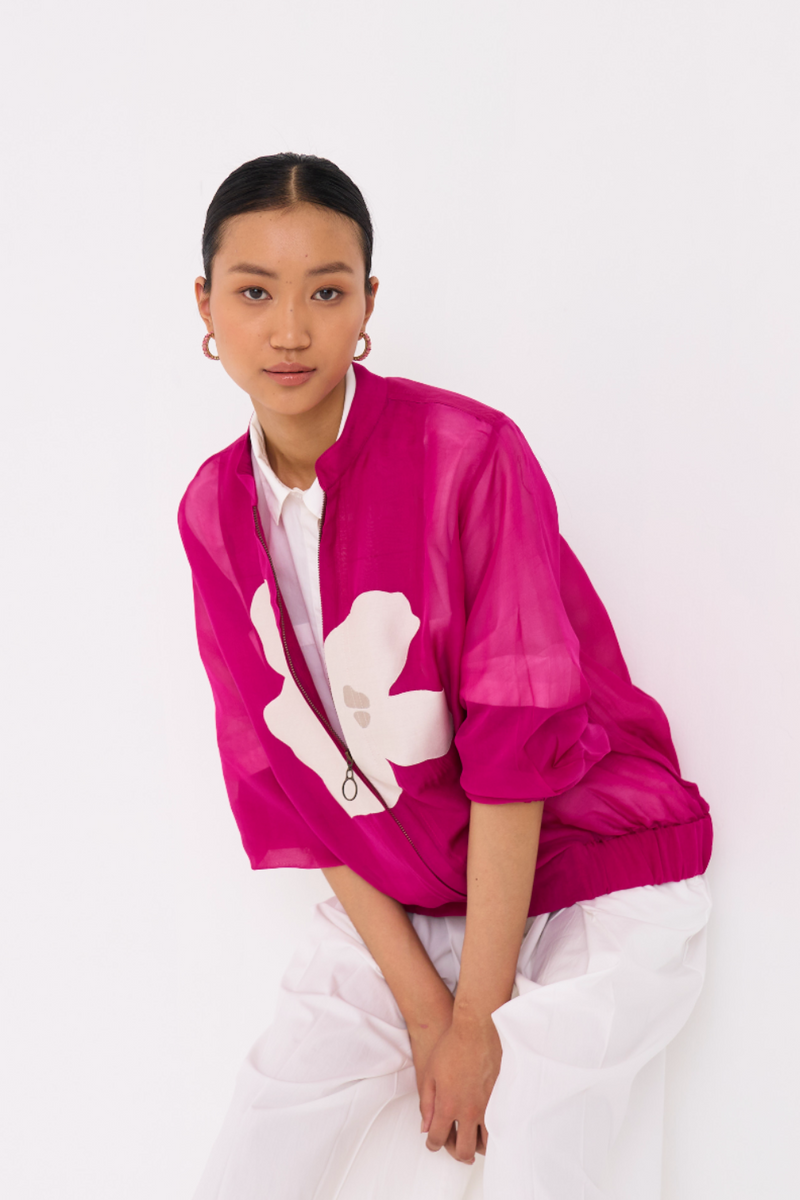 FLORAL APPLIQUE BOMBER JACKET-FUSCHIA organza by THREE for women Worldwide
