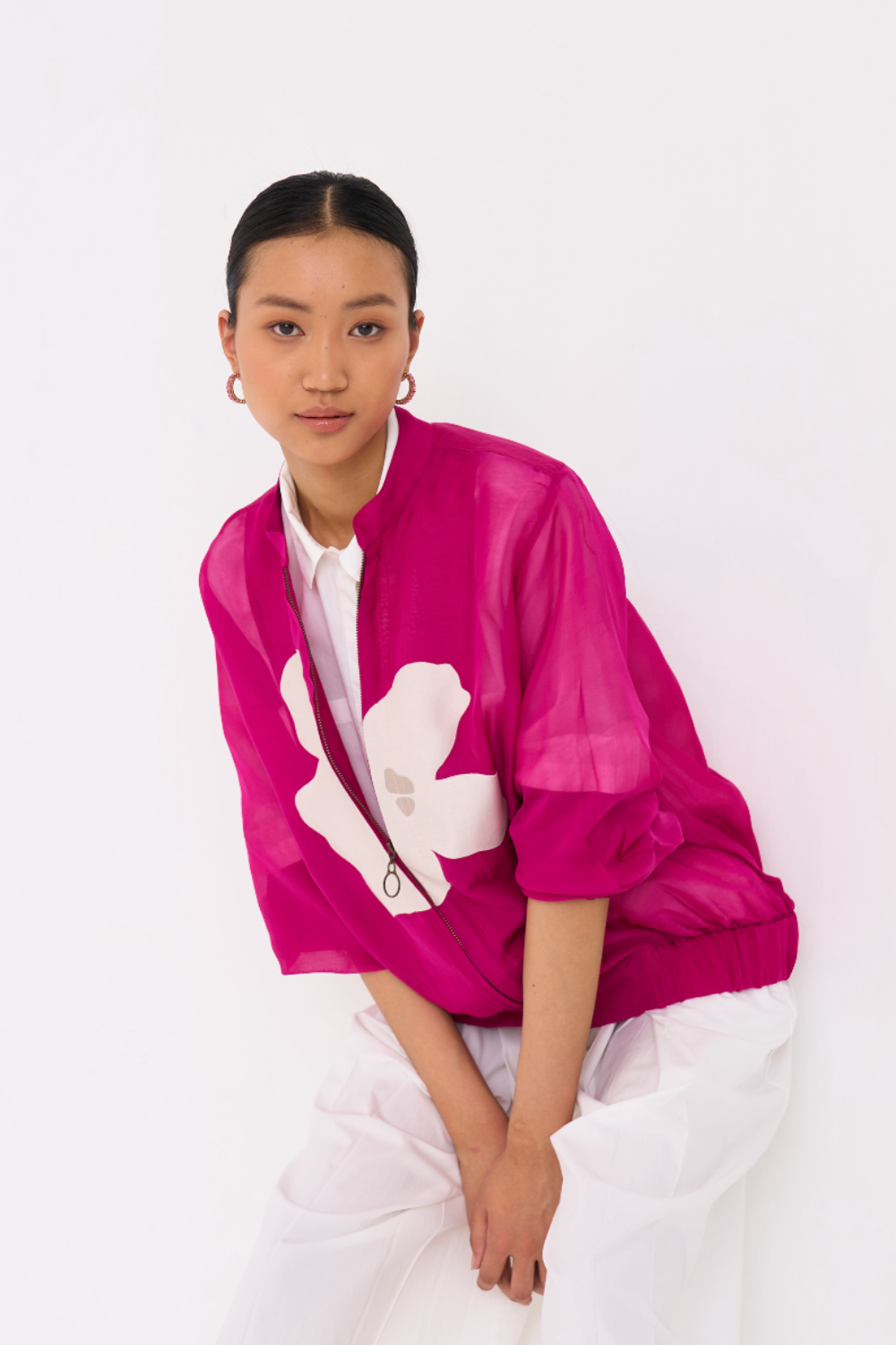 FLORAL APPLIQUE BOMBER JACKET-FUSCHIA