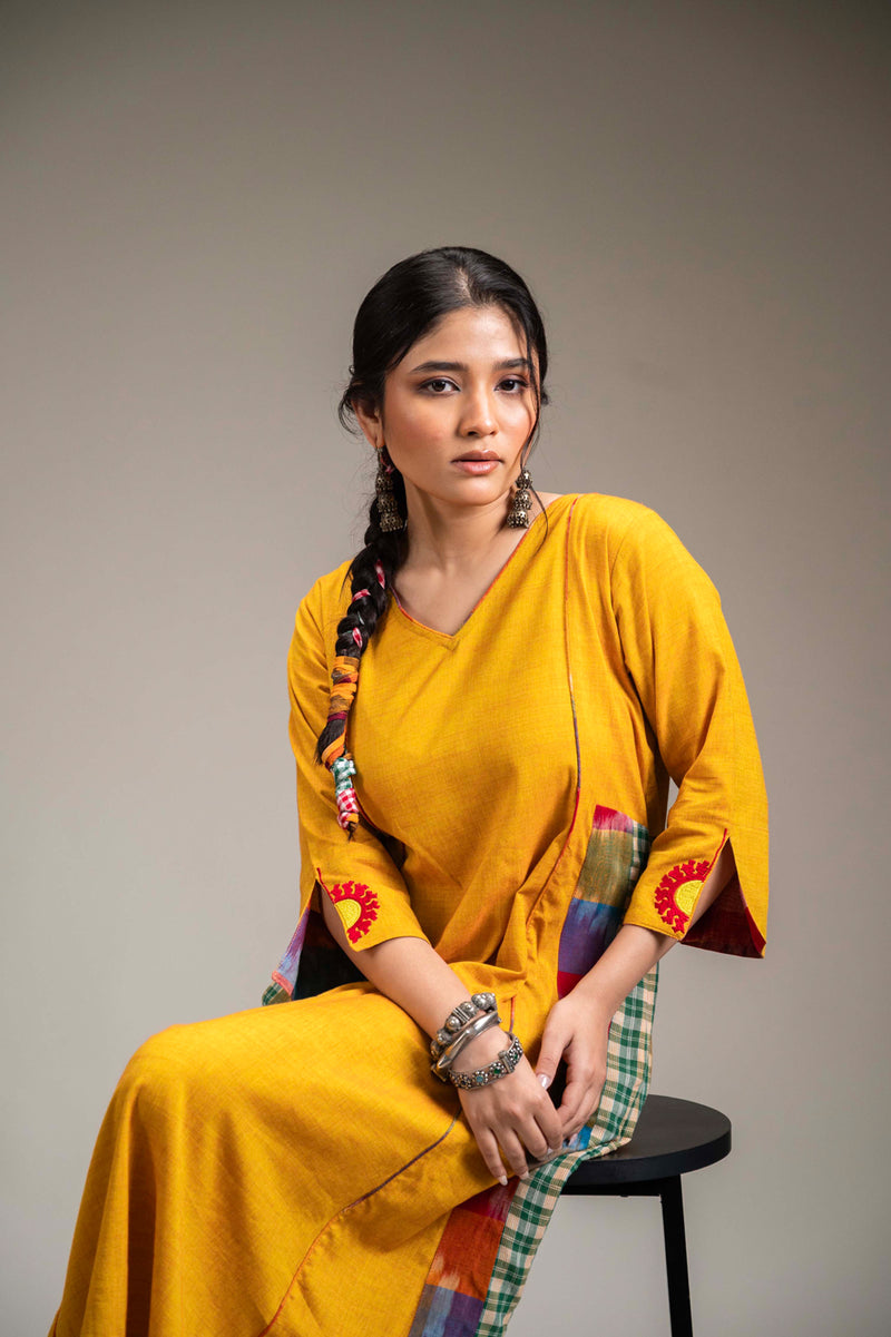 Suryoday Dress cotton,gamcha dress by 145 East in yellow for women Worldwide