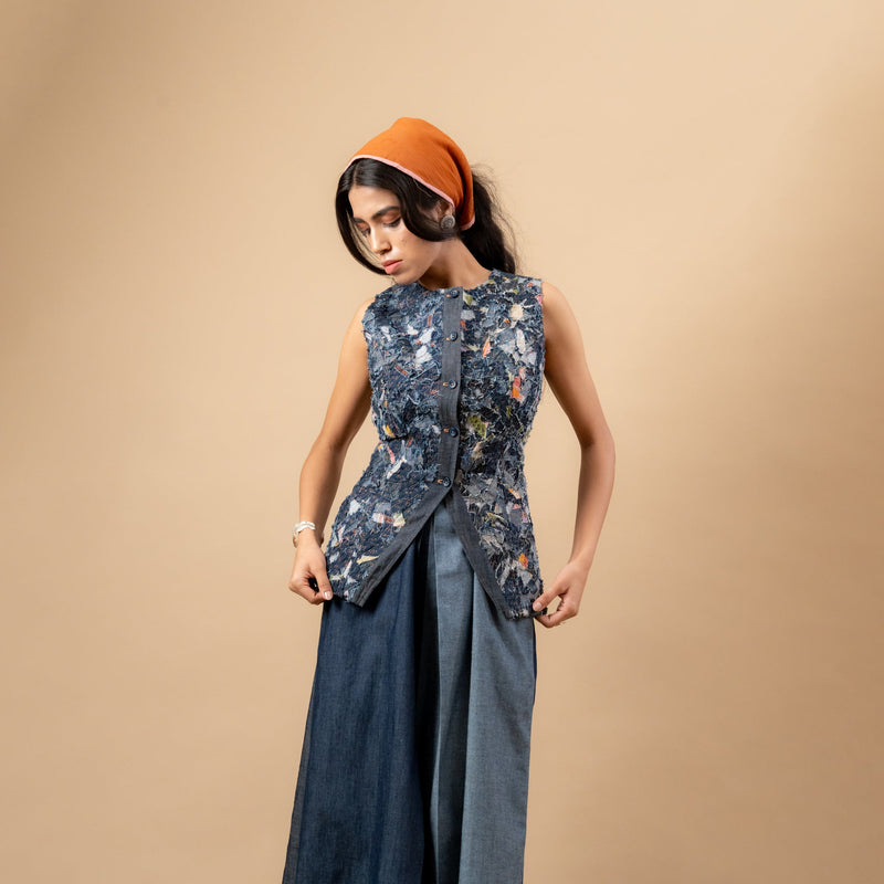 Ida Upcycled Denim Waistcoat by Doodlage in blue color for women Worldwide