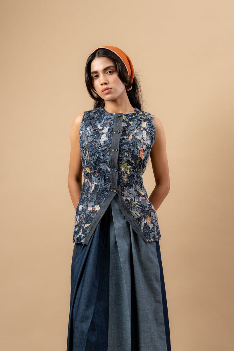 Ida Upcycled Denim Waistcoat by Doodlage in blue color for women Worldwide
