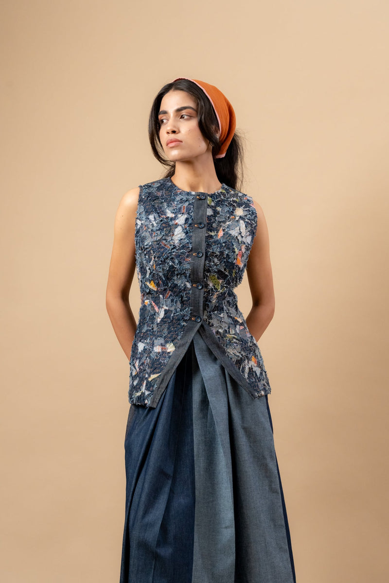 Ida Upcycled Denim Waistcoat by Doodlage in blue color for women Worldwide