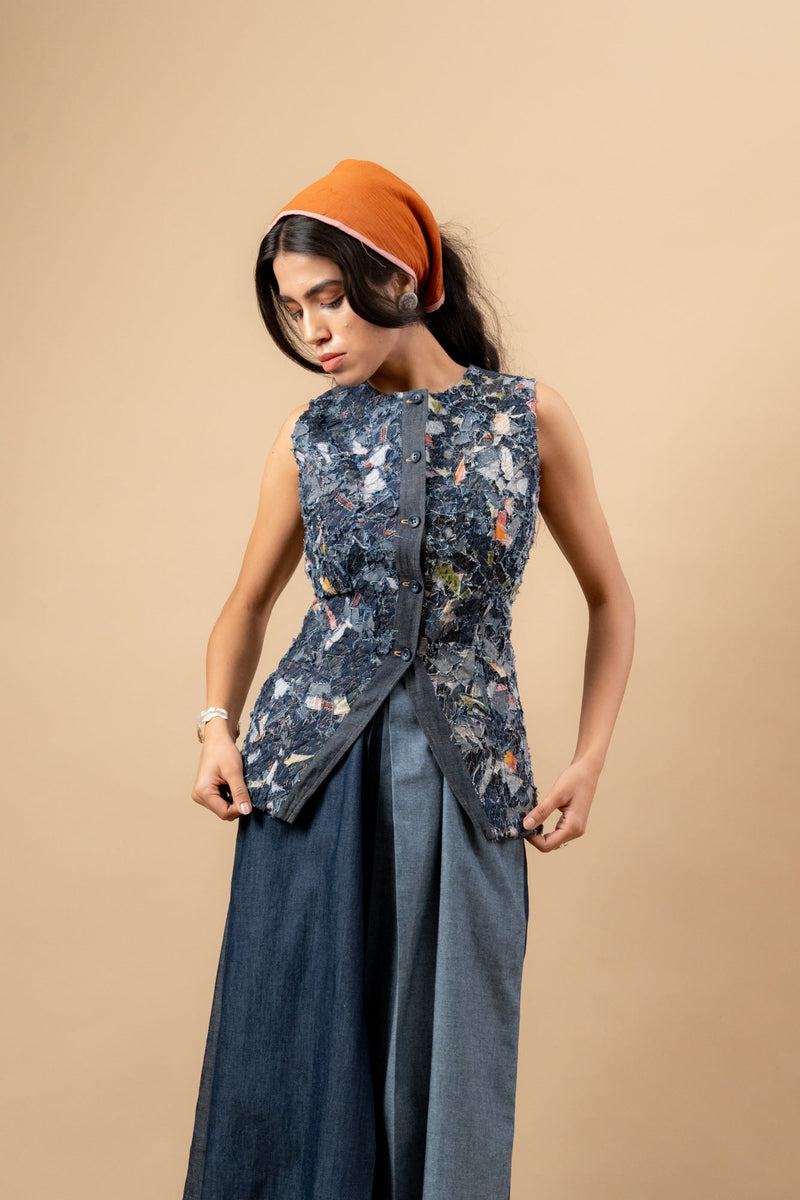 Ida Upcycled Denim Waistcoat by Doodlage in blue color for women Worldwide