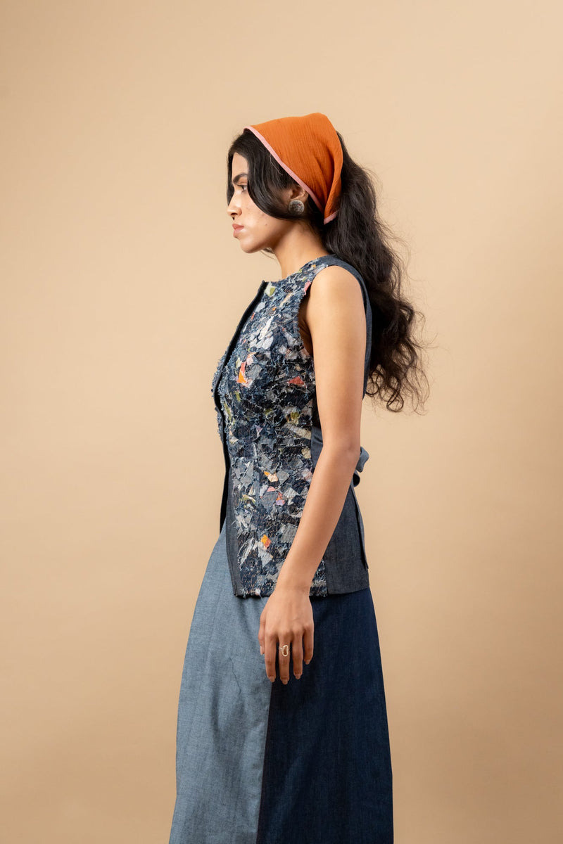 Ida Upcycled Denim Waistcoat by Doodlage in blue color for women Worldwide
