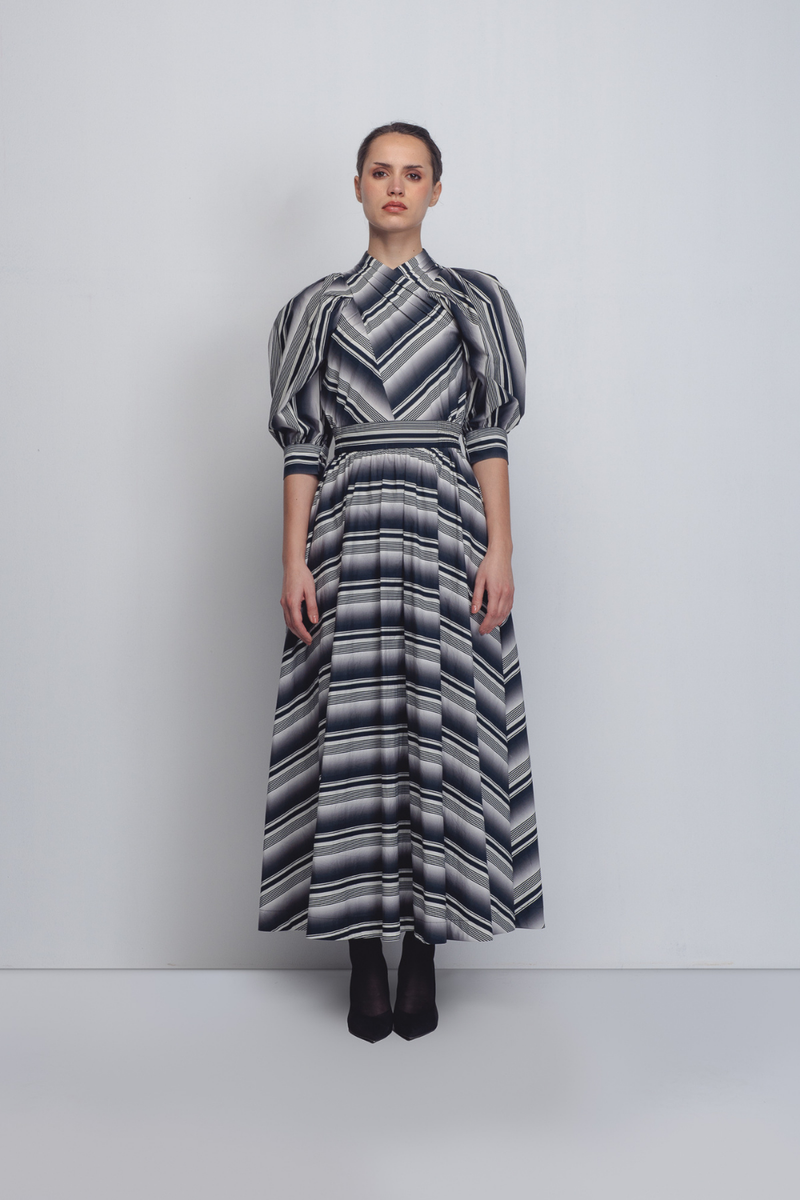 Celena Dress - Black + White Stripes cotton by Leh Studios in black color for women Worldwide