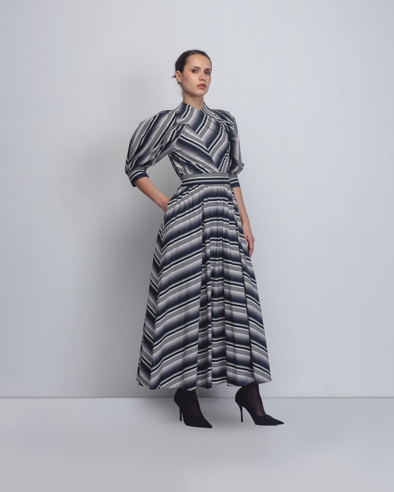 Celena Dress - Black + White Stripes cotton by Leh Studios in black color for women Worldwide