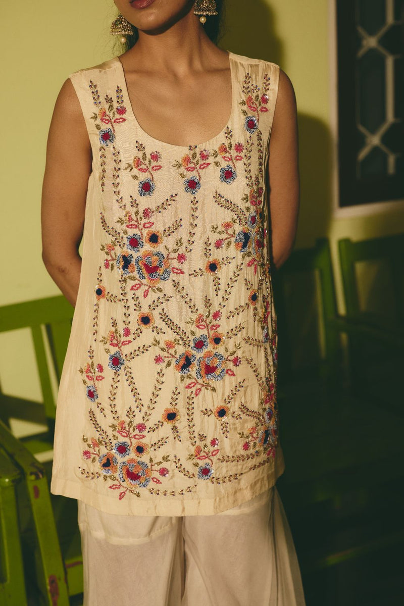 CHANBELI & BADLI KURTA & SHARARA satin by Rashika Mittal in ivory color for women Worldwide