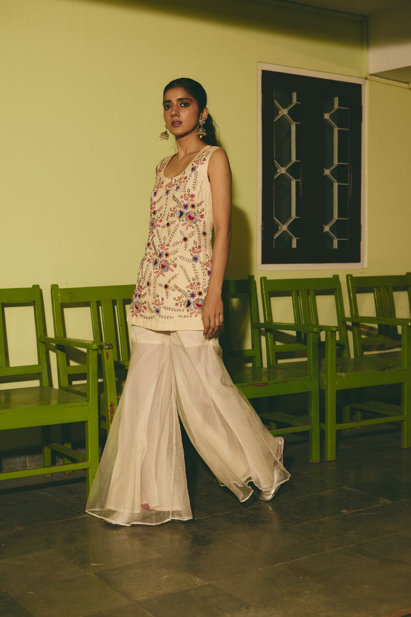 CHANBELI & BADLI KURTA & SHARARA satin by Rashika Mittal in ivory color for women Worldwide