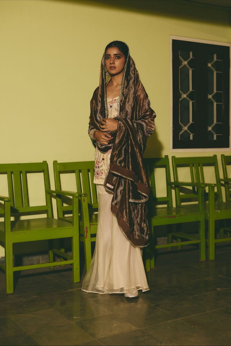 CHANBELI & BADLI KURTA & SHARARA satin by Rashika Mittal in ivory color for women Worldwide