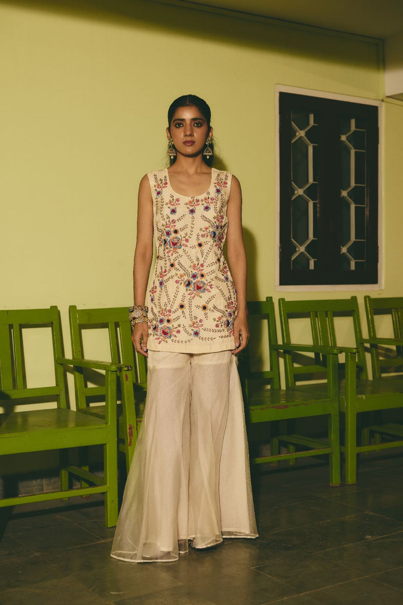 CHANBELI & BADLI KURTA & SHARARA satin by Rashika Mittal in ivory color for women Worldwide