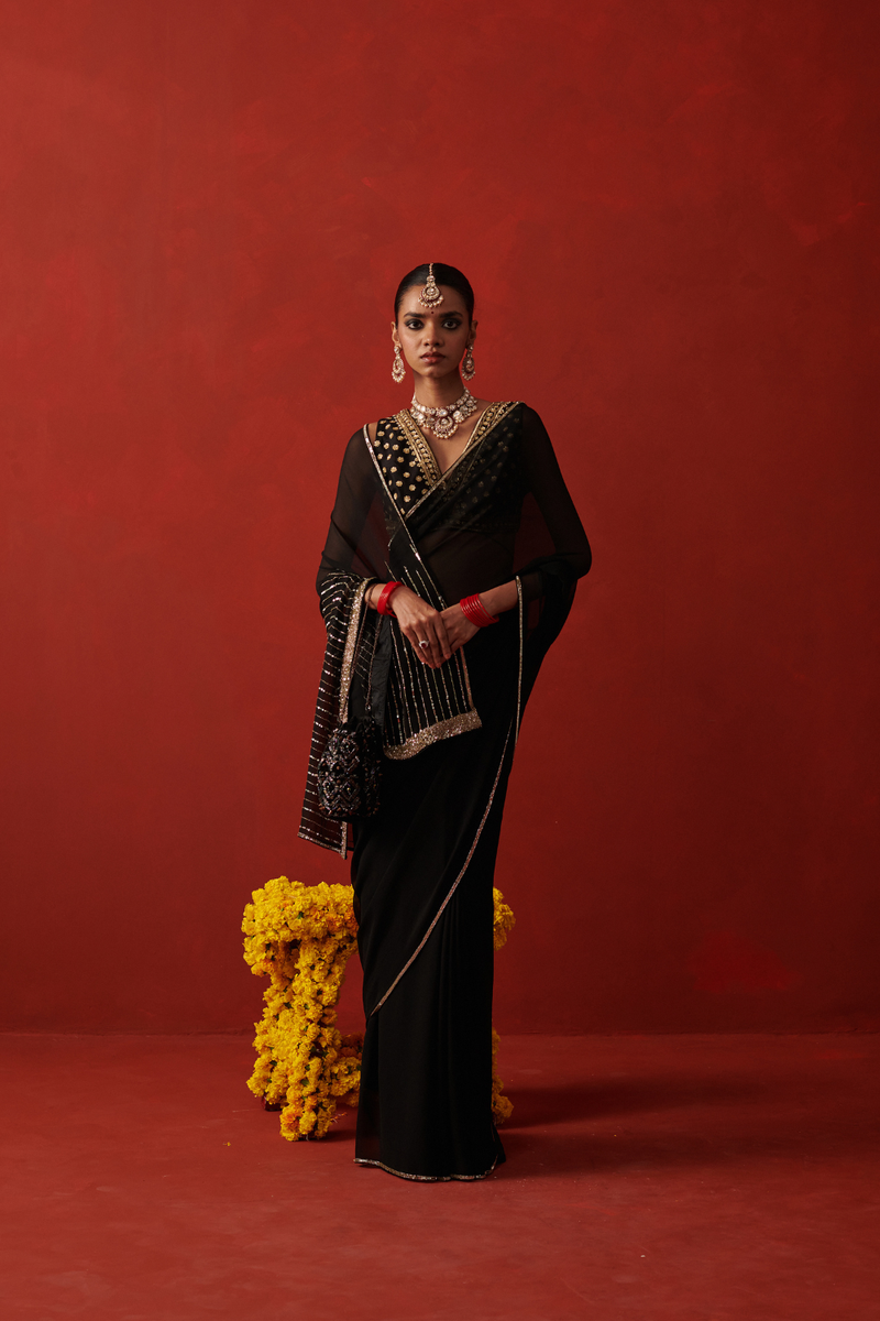 CHANDNI SAREE chiffon by Rashika Mittal in black color for women Worldwide
