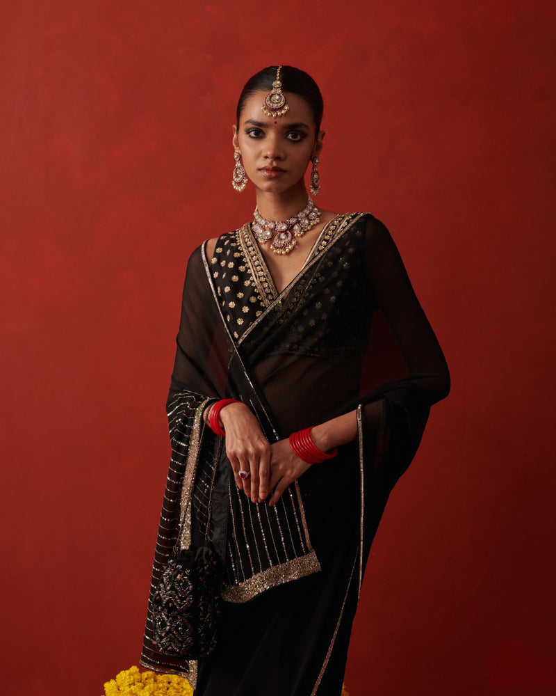 CHANDNI SAREE chiffon by Rashika Mittal in black color for women Worldwide