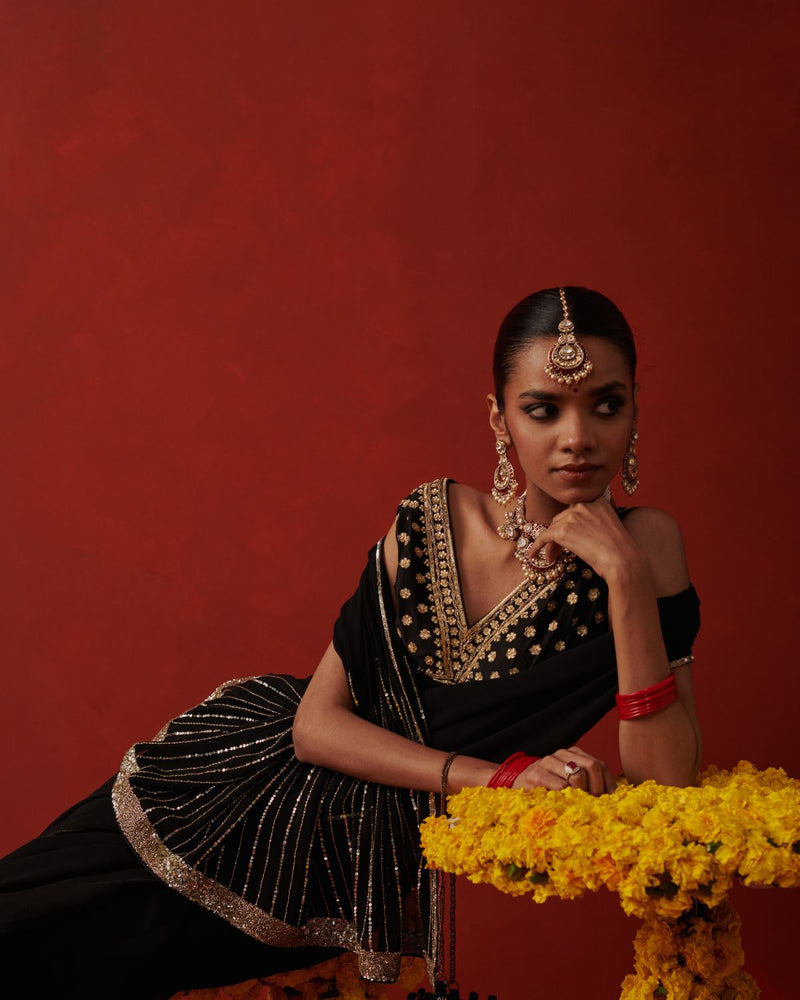 CHANDNI SAREE chiffon by Rashika Mittal in black color for women Worldwide
