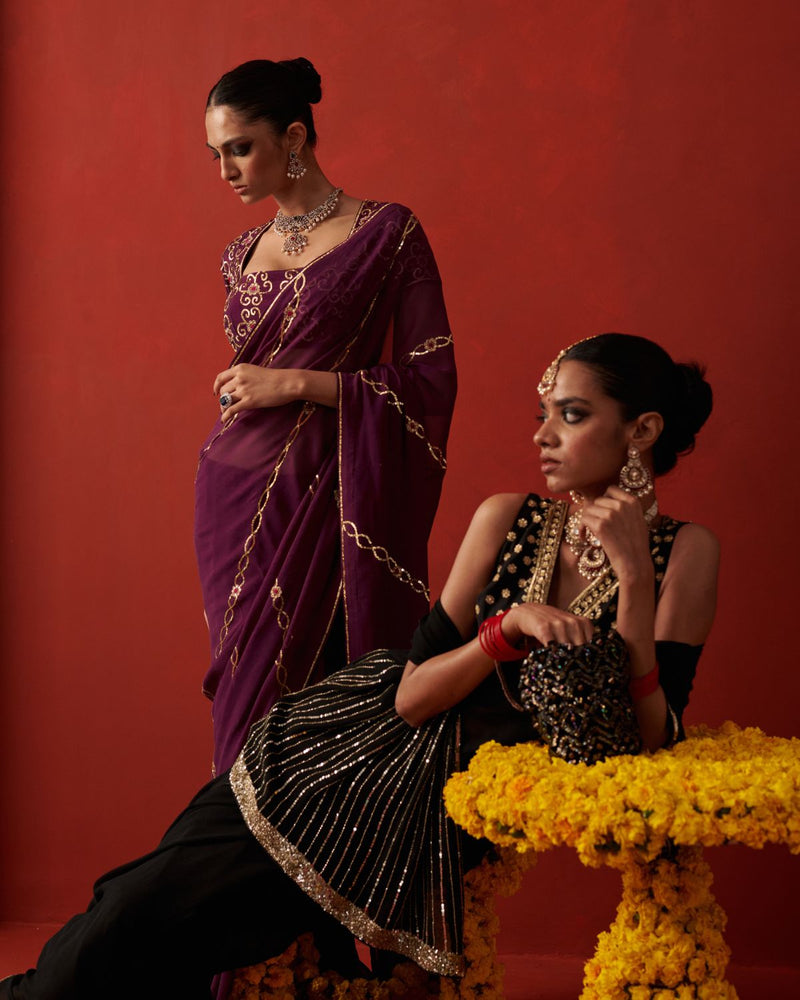 CHANDNI SAREE chiffon by Rashika Mittal in black color for women Worldwide