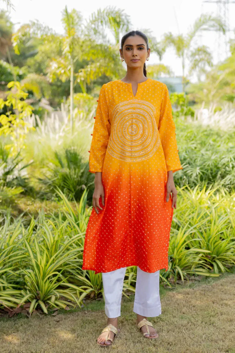 CIR SEQ KURTA-YELLOW ORANGE SHADED silk by Dyelogue in multi color for women Worldwide