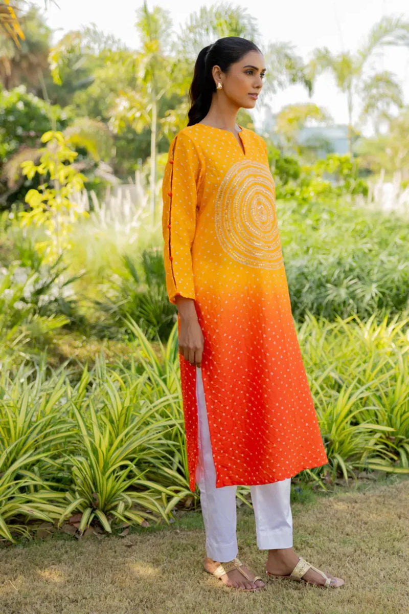 CIR SEQ KURTA-YELLOW ORANGE SHADED silk by Dyelogue in multi color for women Worldwide