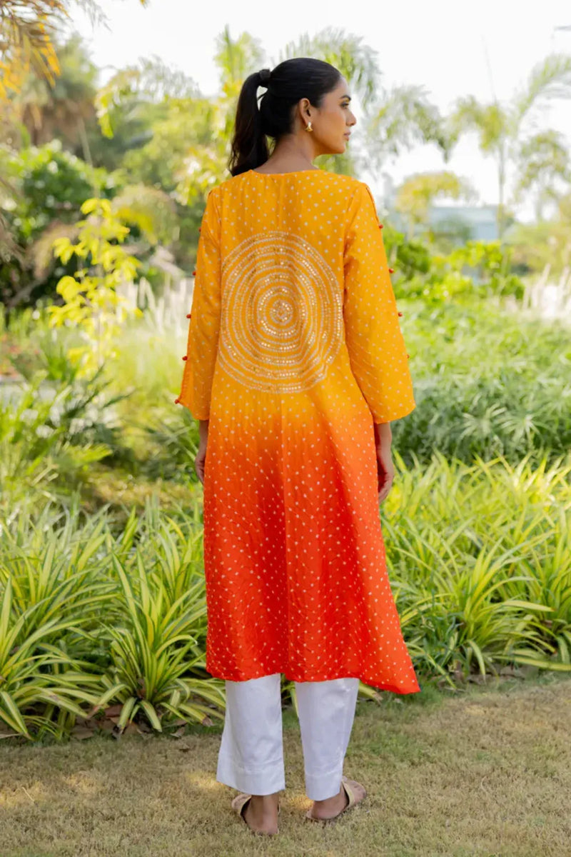 CIR SEQ KURTA-YELLOW ORANGE SHADED silk by Dyelogue in multi color for women Worldwide