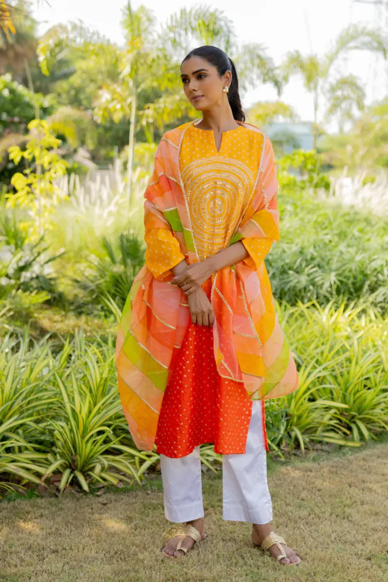 CIR SEQ KURTA-YELLOW ORANGE SHADED silk by Dyelogue in multi color for women Worldwide
