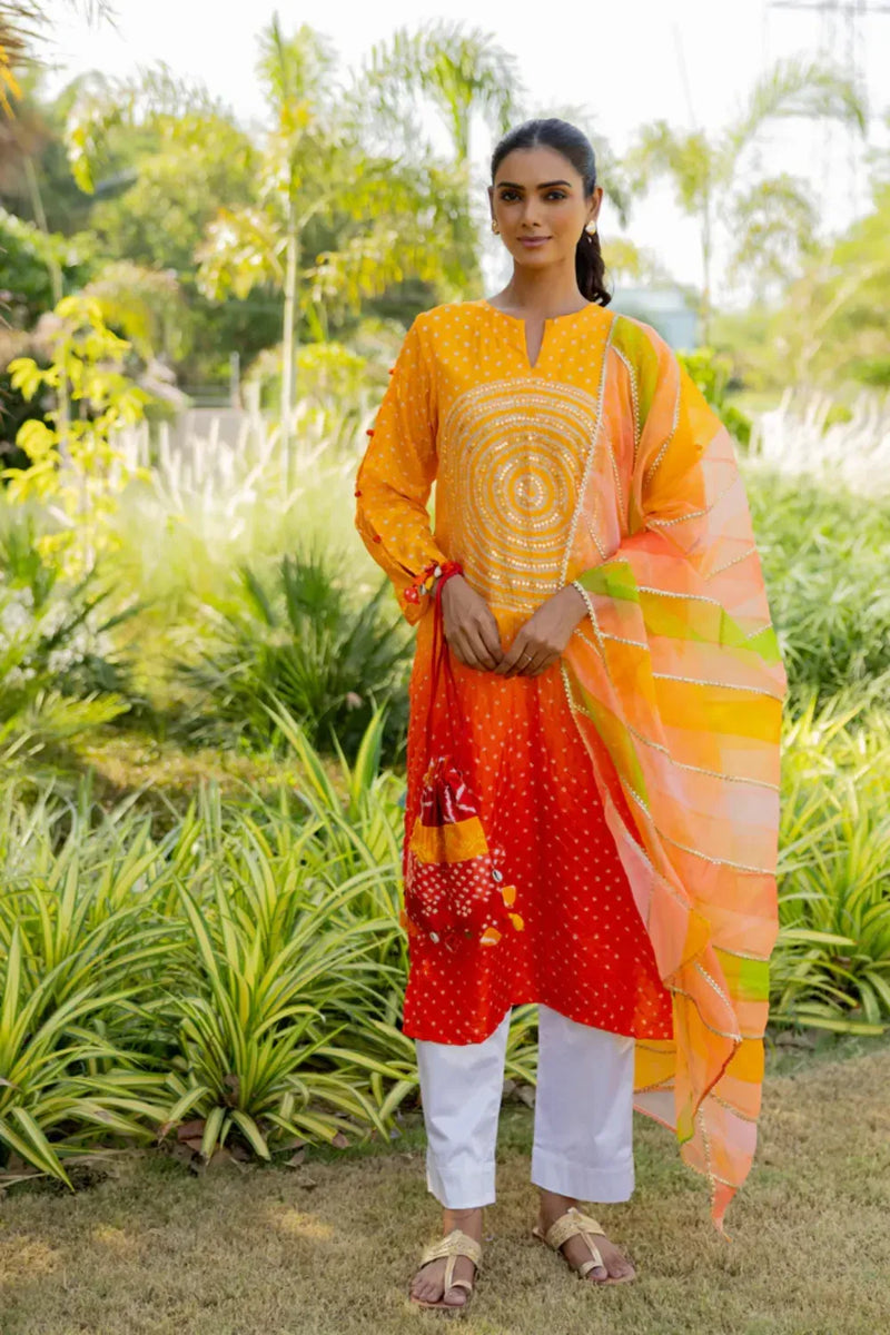 CIR SEQ KURTA-YELLOW ORANGE SHADED silk by Dyelogue in multi color for women Worldwide