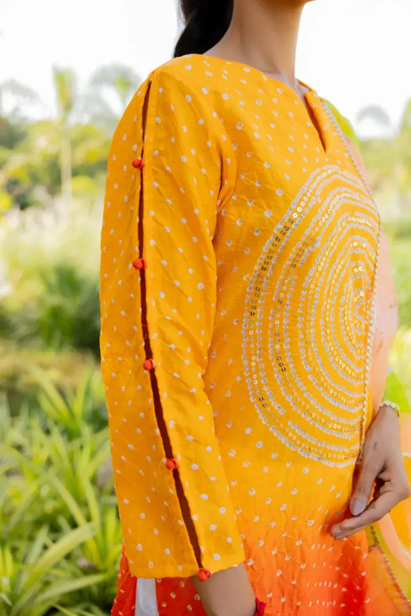 CIR SEQ KURTA-YELLOW ORANGE SHADED silk by Dyelogue in multi color for women Worldwide