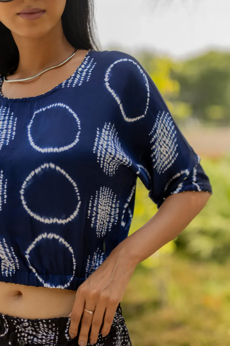 CIR SHIB CROP TOP-BLUE silk by Dyelogue in blue color for women Worldwide