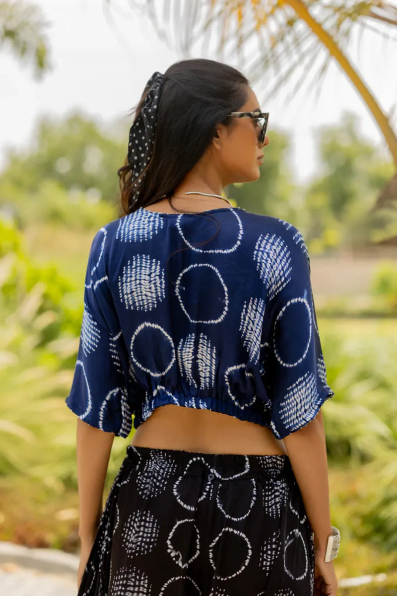 CIR SHIB CROP TOP-BLUE silk by Dyelogue in blue color for women Worldwide