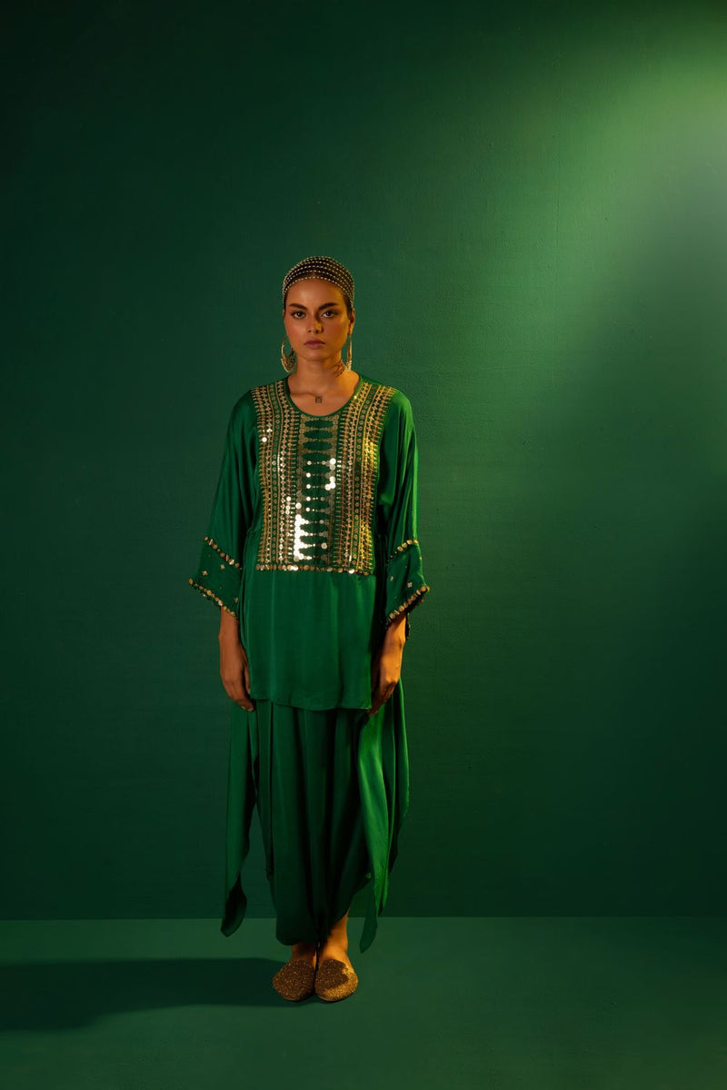 Chamakeen Green Tunic with Dhoti Skirt satin by PRAHNAAYA in green color for women Worldwide