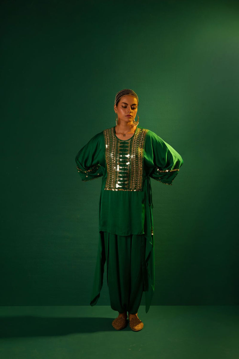 Chamakeen Green Tunic with Dhoti Skirt satin by PRAHNAAYA in green color for women Worldwide