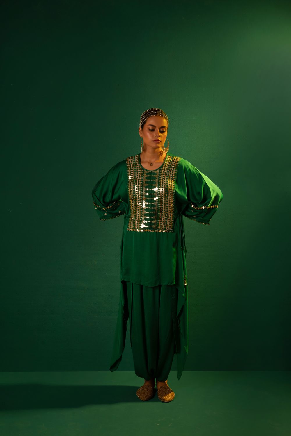 Chamakeen Green Tunic with Dhoti Skirt