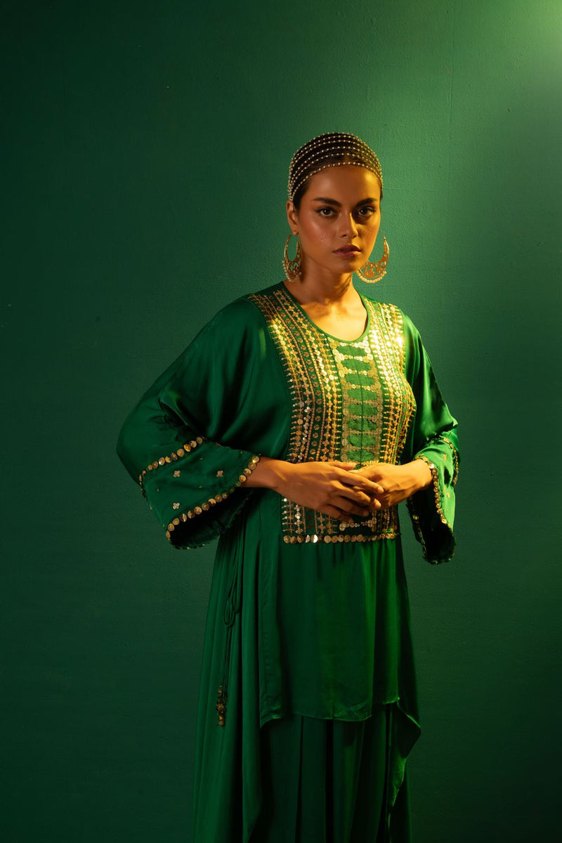Chamakeen Green Tunic with Dhoti Skirt satin by PRAHNAAYA in green color for women Worldwide