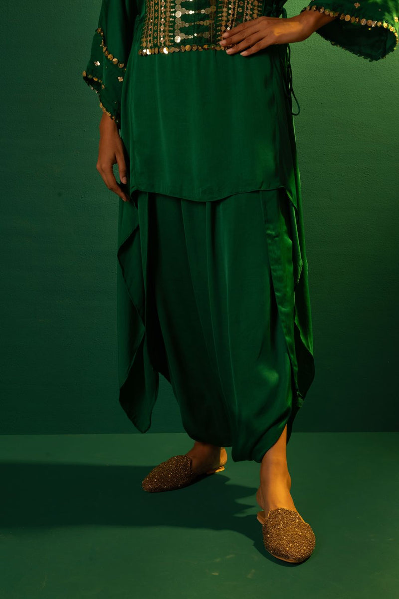 Chamakeen Green Tunic with Dhoti Skirt satin by PRAHNAAYA in green color for women Worldwide