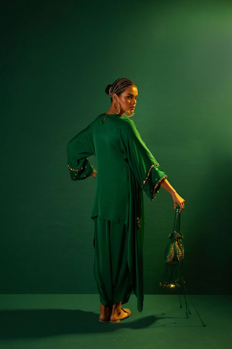 Chamakeen Green Tunic with Dhoti Skirt satin by PRAHNAAYA in green color for women Worldwide