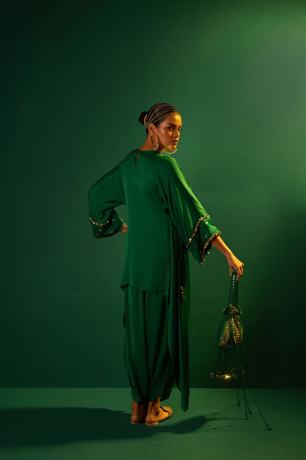 Chamakeen Green Tunic with Dhoti Skirt