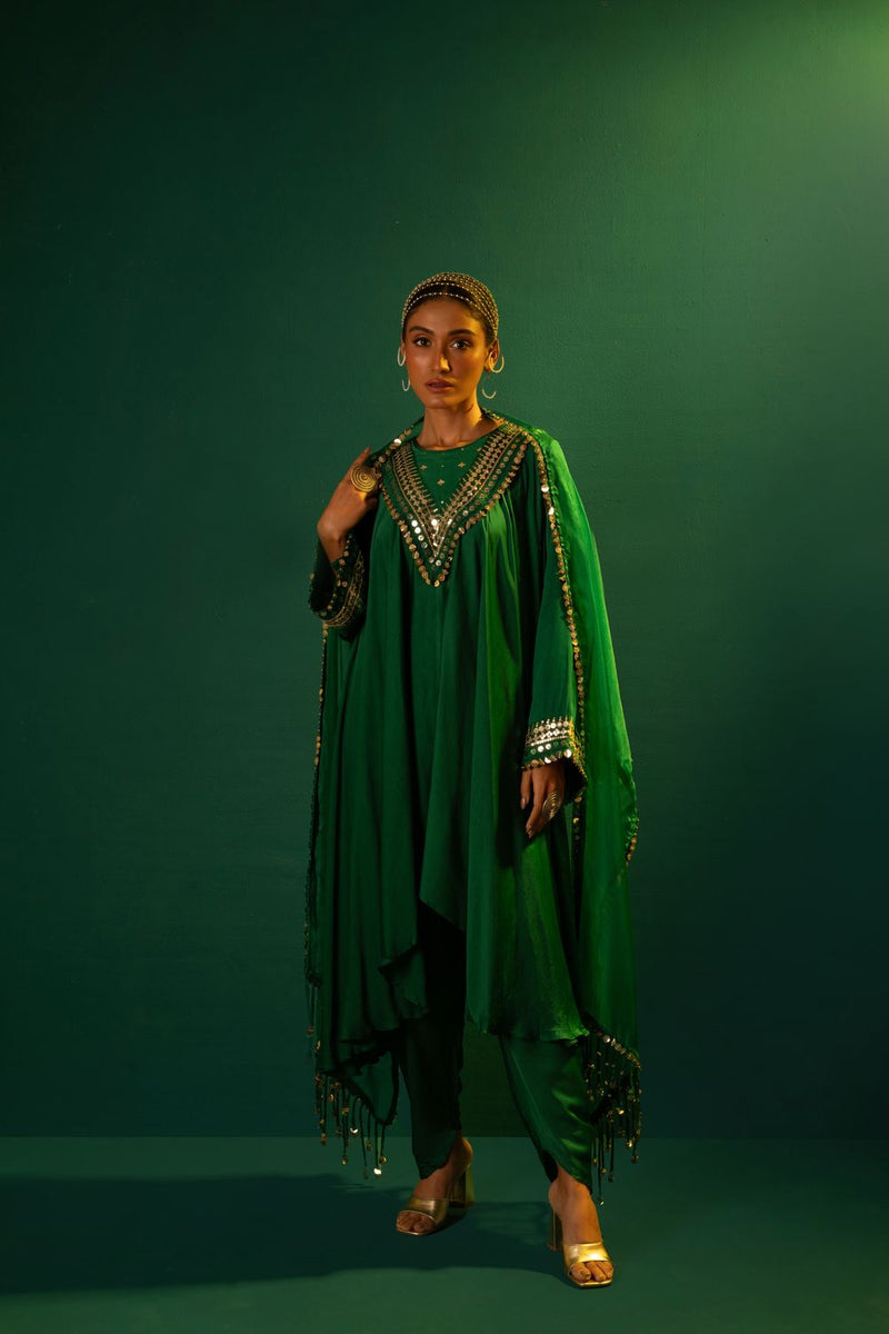 Chamakeen Mahi Green Asymmetrical Kurta Set with Dupatta satin by PRAHNAAYA in green color for women Worldwide