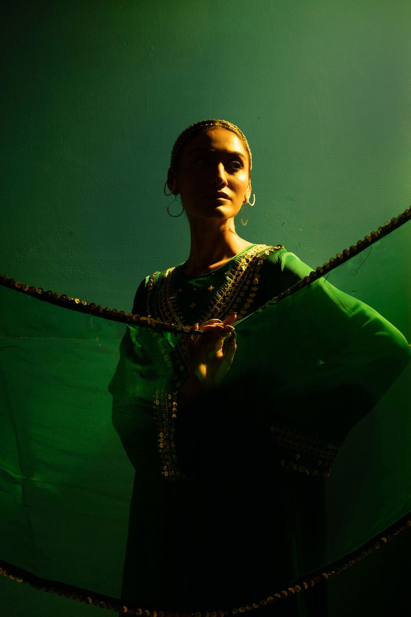 Chamakeen Mahi Green Asymmetrical Kurta Set with Dupatta satin by PRAHNAAYA in green color for women Worldwide