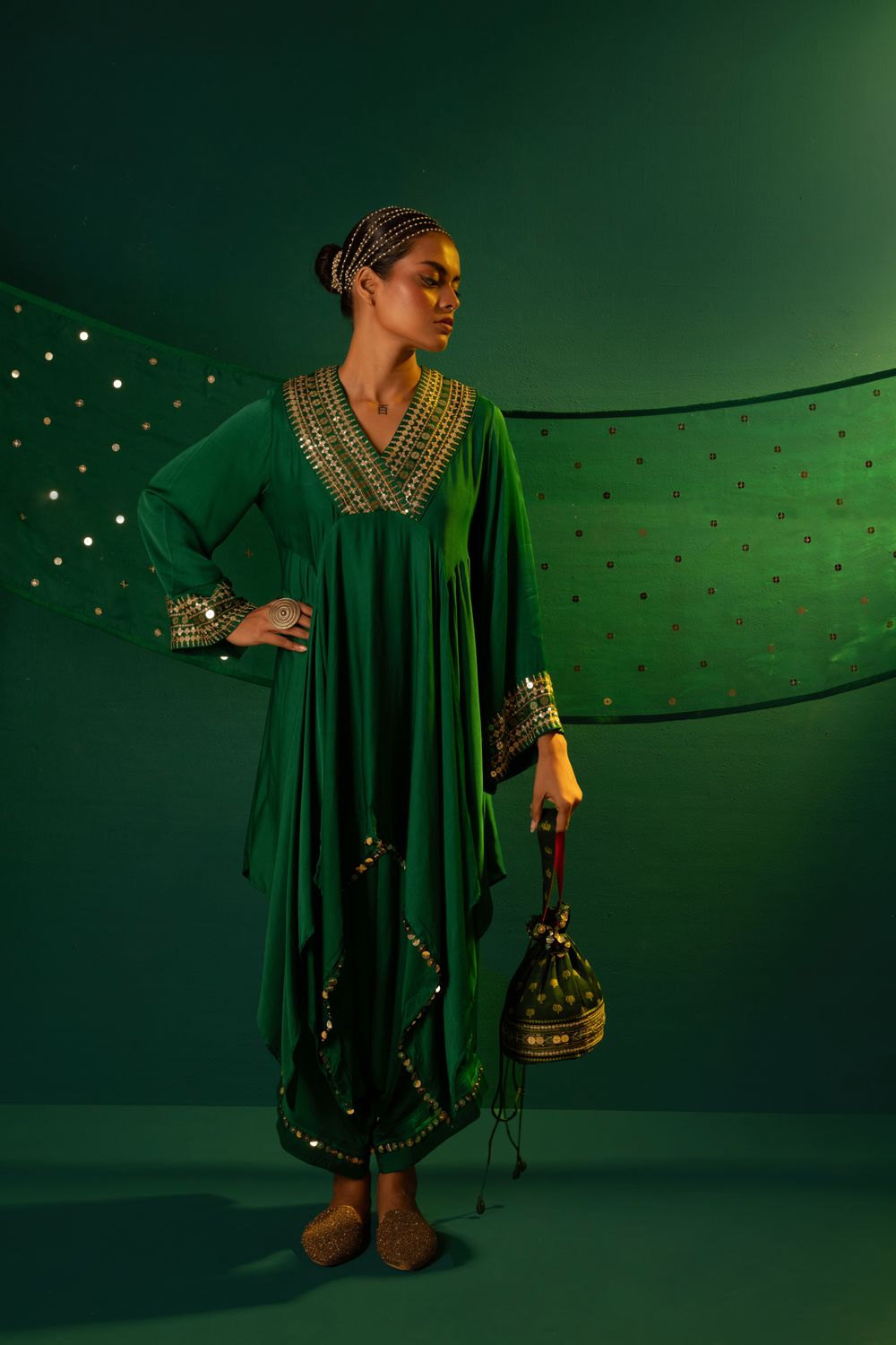 Chamakeen Ariyana Green Asymmetrical Tunic Set with Dupatta