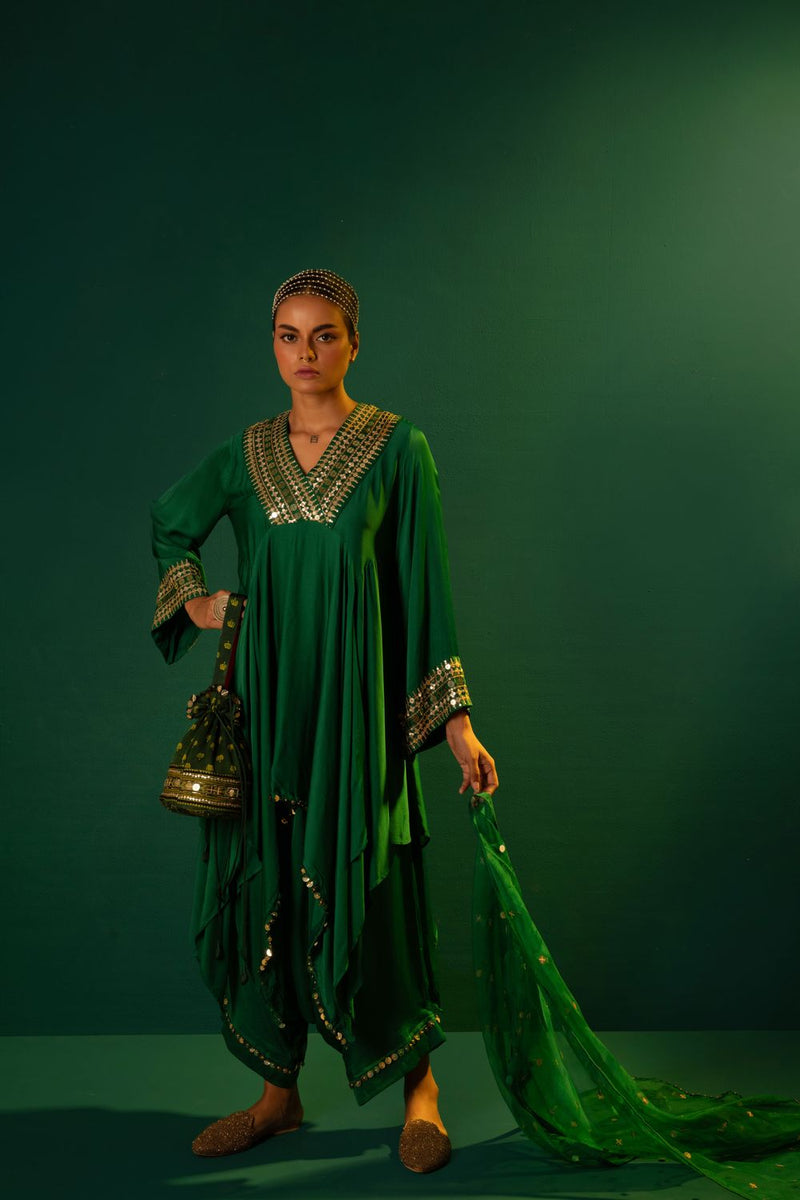 Chamakeen Ariyana Green Asymmetrical Tunic Set with Dupatta satin by PRAHNAAYA in green color for women Worldwide