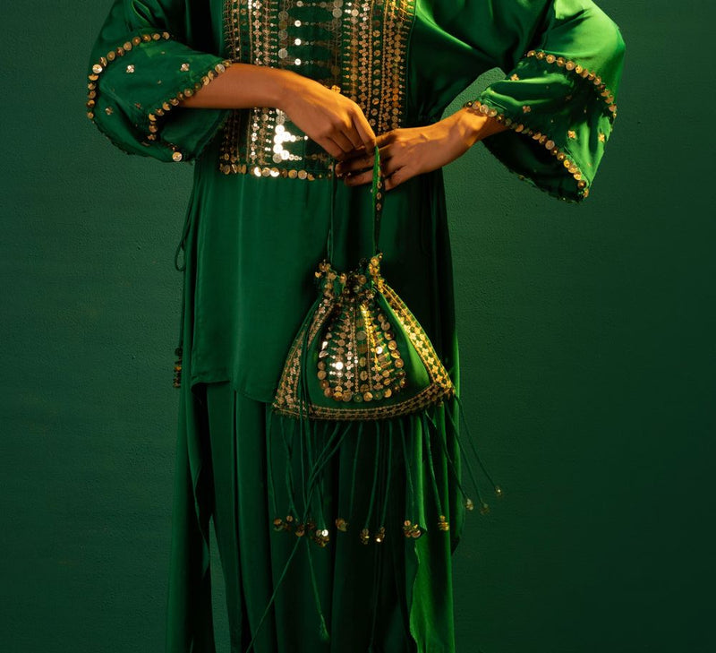 Chamkeen Potli COGPOTLI satin by PRAHNAAYA in green color for women Worldwide