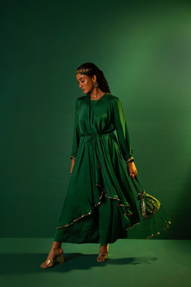 Chamakeen Masai Green Anti Fit Kurta with oversized pant satin by PRAHNAAYA in green color for women Worldwide