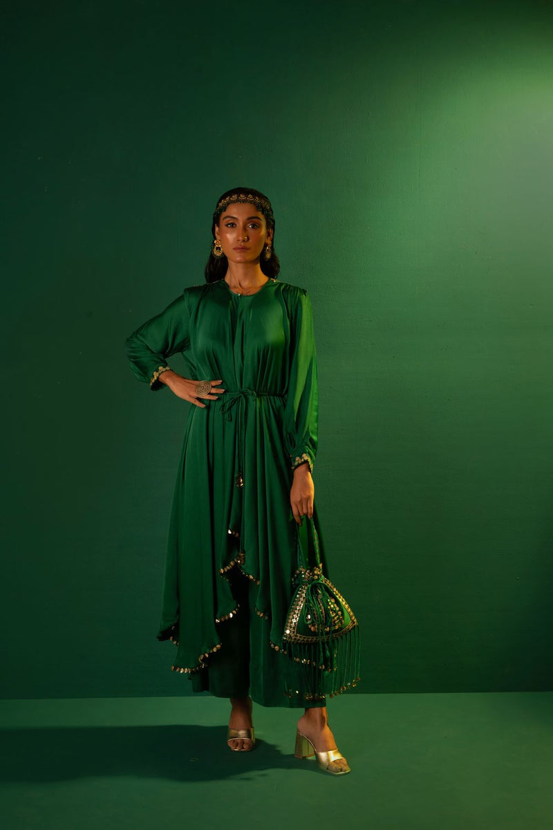 Chamakeen Masai Green Anti Fit Kurta with oversized pant satin by PRAHNAAYA in green color for women Worldwide