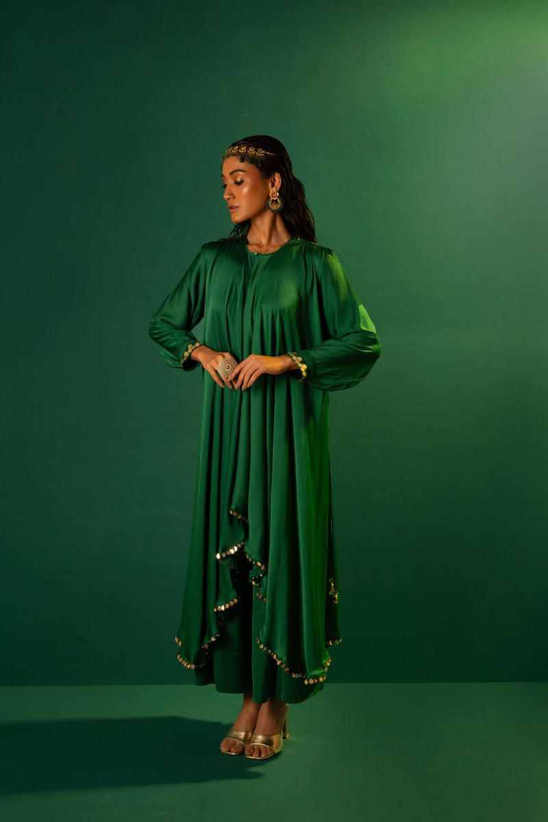 Chamakeen Masai Green Anti Fit Kurta with oversized pant satin by PRAHNAAYA in green color for women Worldwide