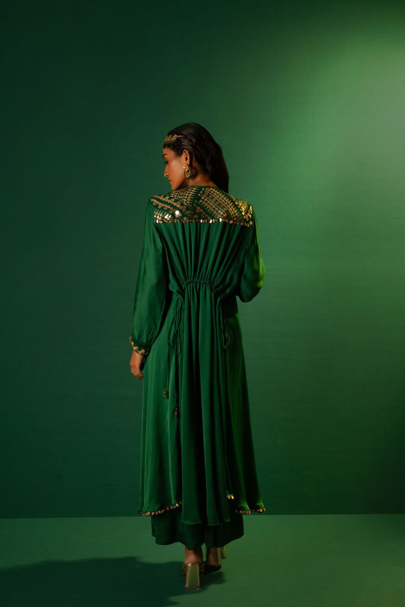Chamakeen Masai Green Anti Fit Kurta with oversized pant satin by PRAHNAAYA in green color for women Worldwide