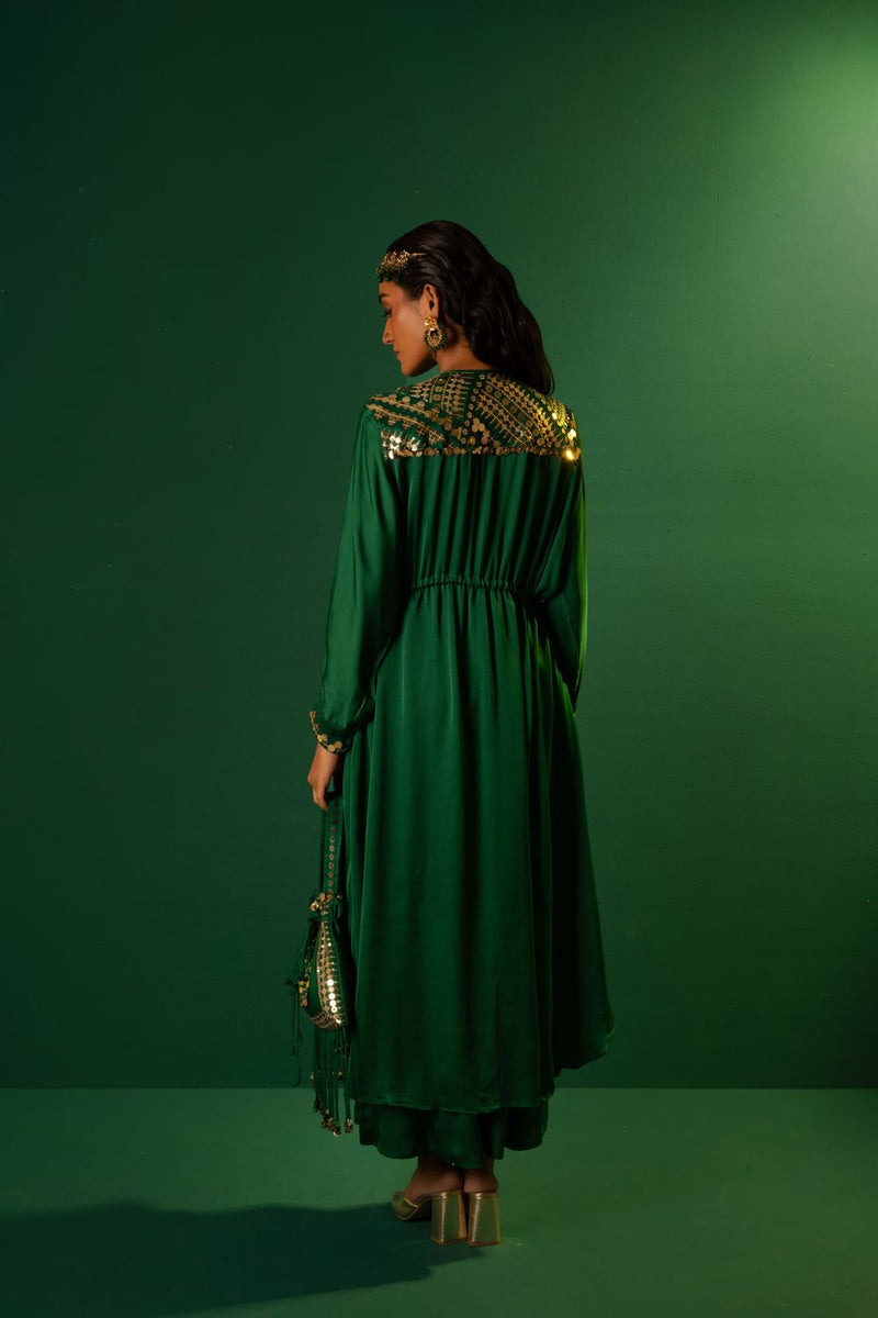 Chamakeen Masai Green Anti Fit Kurta with oversized pant satin by PRAHNAAYA in green color for women Worldwide