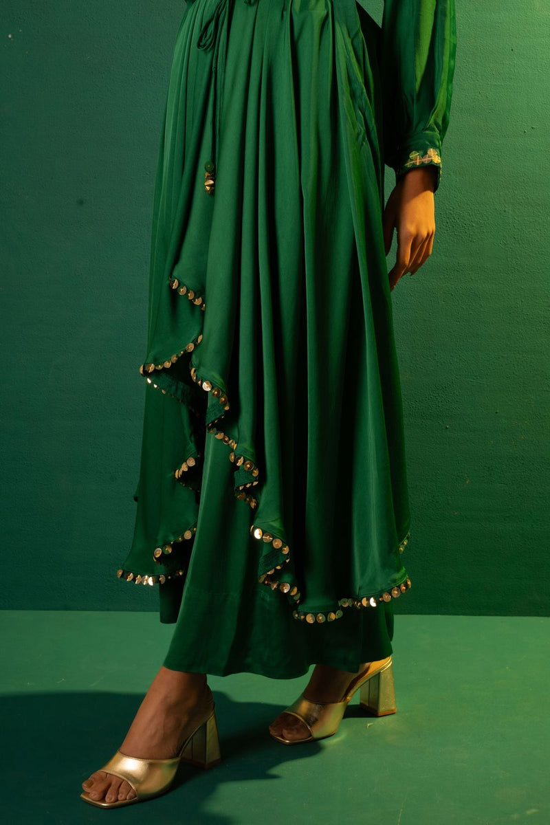 Chamakeen Masai Green Anti Fit Kurta with oversized pant satin by PRAHNAAYA in green color for women Worldwide