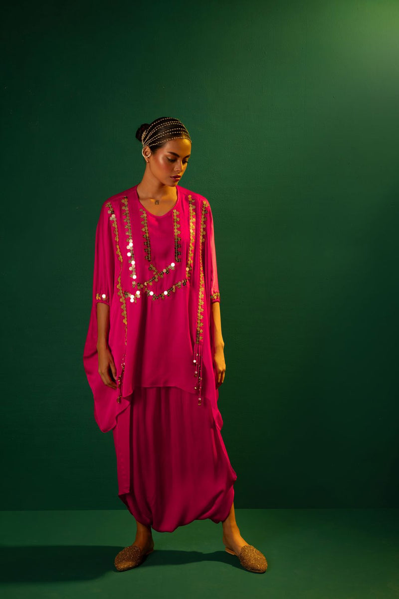 Chamakeen Tora Tunic with Dhoti Skirt satin by PRAHNAAYA in pink color for women Worldwide