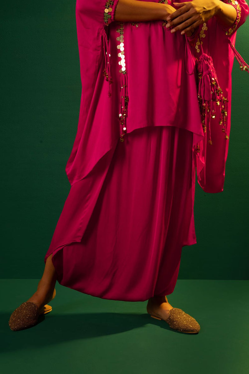Chamakeen Tora Tunic with Dhoti Skirt satin by PRAHNAAYA in pink color for women Worldwide