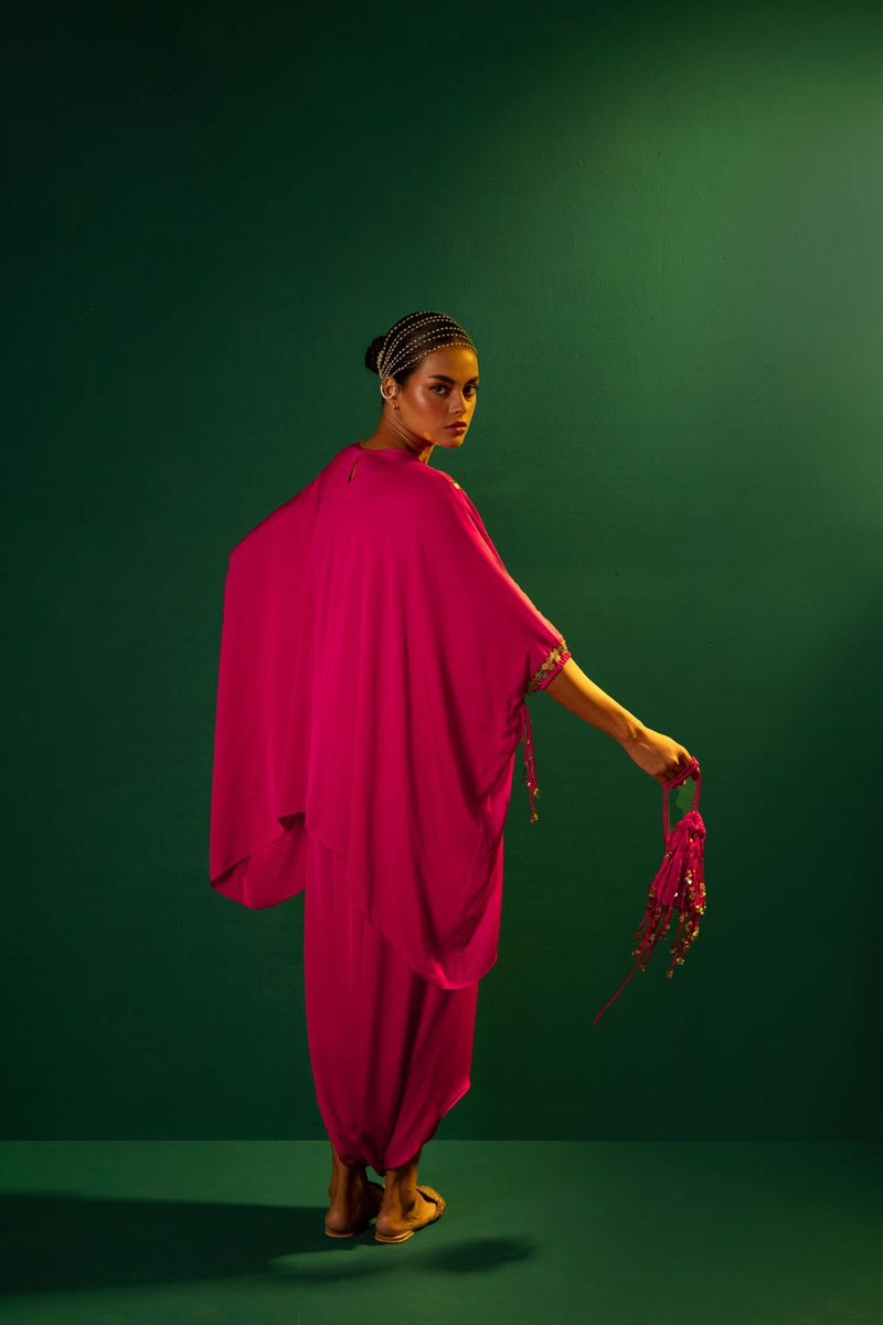 Chamakeen Tora Tunic with Dhoti Skirt satin by PRAHNAAYA in pink color for women Worldwide